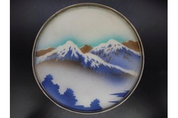 昭和初期　風景　ガラスボタン　どこか懐かしさを感じるガラストレー2点・コースター3点・ボタンセット(白鳥、花、山、硝子、ガラス盆、トレイ、コップ敷き)(R-082888)