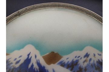 昭和初期　風景　ガラスボタン　どこか懐かしさを感じるガラストレー2点・コースター3点・ボタンセット(白鳥、花、山、硝子、ガラス盆、トレイ、コップ敷き)(R-082888)