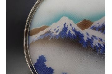 昭和初期　風景　ガラスボタン　どこか懐かしさを感じるガラストレー2点・コースター3点・ボタンセット(白鳥、花、山、硝子、ガラス盆、トレイ、コップ敷き)(R-082888)