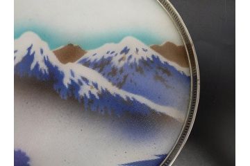 昭和初期　風景　ガラスボタン　どこか懐かしさを感じるガラストレー2点・コースター3点・ボタンセット(白鳥、花、山、硝子、ガラス盆、トレイ、コップ敷き)(R-082888)