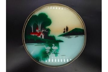 昭和初期　風景　ガラスボタン　どこか懐かしさを感じるガラストレー2点・コースター3点・ボタンセット(白鳥、花、山、硝子、ガラス盆、トレイ、コップ敷き)(R-082888)