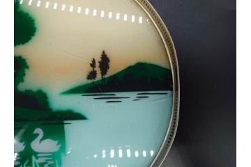 昭和初期　風景　ガラスボタン　どこか懐かしさを感じるガラストレー2点・コースター3点・ボタンセット(白鳥、花、山、硝子、ガラス盆、トレイ、コップ敷き)(R-082888)