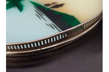 昭和初期　風景　ガラスボタン　どこか懐かしさを感じるガラストレー2点・コースター3点・ボタンセット(白鳥、花、山、硝子、ガラス盆、トレイ、コップ敷き)(R-082888)