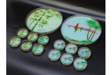 昭和初期　竹　風景　ヨット　レトロな温かみを感じるデザインが素敵なガラストレー2点&コースター12点セット(船、舟、海、ヤシの木、硝子、ガラス盆、トレイ、コップ敷き)(R-082889)