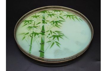 昭和初期　竹　風景　ヨット　レトロな温かみを感じるデザインが素敵なガラストレー2点&コースター12点セット(船、舟、海、ヤシの木、硝子、ガラス盆、トレイ、コップ敷き)(R-082889)