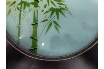 昭和初期　竹　風景　ヨット　レトロな温かみを感じるデザインが素敵なガラストレー2点&コースター12点セット(船、舟、海、ヤシの木、硝子、ガラス盆、トレイ、コップ敷き)(R-082889)