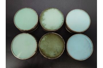 昭和初期　竹　風景　ヨット　レトロな温かみを感じるデザインが素敵なガラストレー2点&コースター12点セット(船、舟、海、ヤシの木、硝子、ガラス盆、トレイ、コップ敷き)(R-082889)