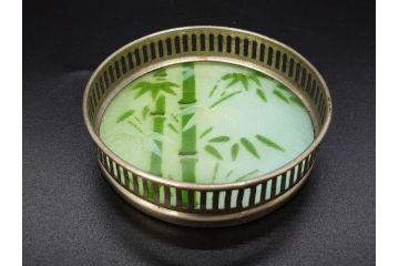 昭和初期　竹　風景　ヨット　レトロな温かみを感じるデザインが素敵なガラストレー2点&コースター12点セット(船、舟、海、ヤシの木、硝子、ガラス盆、トレイ、コップ敷き)(R-082889)