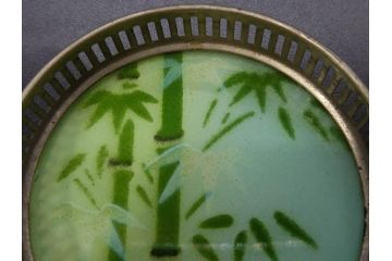 昭和初期　竹　風景　ヨット　レトロな温かみを感じるデザインが素敵なガラストレー2点&コースター12点セット(船、舟、海、ヤシの木、硝子、ガラス盆、トレイ、コップ敷き)(R-082889)