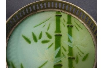 昭和初期　竹　風景　ヨット　レトロな温かみを感じるデザインが素敵なガラストレー2点&コースター12点セット(船、舟、海、ヤシの木、硝子、ガラス盆、トレイ、コップ敷き)(R-082889)