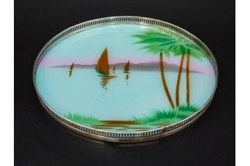 昭和初期　竹　風景　ヨット　レトロな温かみを感じるデザインが素敵なガラストレー2点&コースター12点セット(船、舟、海、ヤシの木、硝子、ガラス盆、トレイ、コップ敷き)(R-082889)