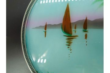 昭和初期　竹　風景　ヨット　レトロな温かみを感じるデザインが素敵なガラストレー2点&コースター12点セット(船、舟、海、ヤシの木、硝子、ガラス盆、トレイ、コップ敷き)(R-082889)
