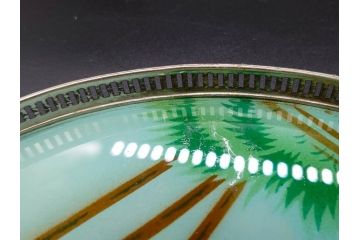 昭和初期　竹　風景　ヨット　レトロな温かみを感じるデザインが素敵なガラストレー2点&コースター12点セット(船、舟、海、ヤシの木、硝子、ガラス盆、トレイ、コップ敷き)(R-082889)