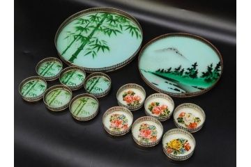 昭和初期　竹　花　落ち着いた佇まいのガラストレー2点&コースター12点セット(富士山?、薔薇、バラ、風景、硝子、ガラス盆、トレイ、コップ敷き)(R-082890)
