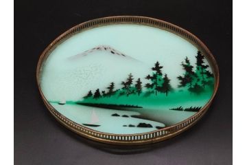 昭和初期　竹　花　落ち着いた佇まいのガラストレー2点&コースター12点セット(富士山?、薔薇、バラ、風景、硝子、ガラス盆、トレイ、コップ敷き)(R-082890)