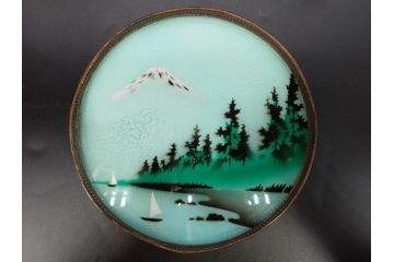 昭和初期　竹　花　落ち着いた佇まいのガラストレー2点&コースター12点セット(富士山?、薔薇、バラ、風景、硝子、ガラス盆、トレイ、コップ敷き)(R-082890)
