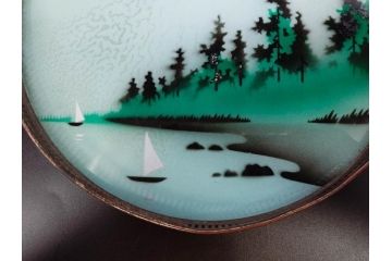 昭和初期　竹　花　落ち着いた佇まいのガラストレー2点&コースター12点セット(富士山?、薔薇、バラ、風景、硝子、ガラス盆、トレイ、コップ敷き)(R-082890)