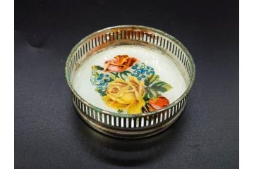 昭和初期　竹　花　落ち着いた佇まいのガラストレー2点&コースター12点セット(富士山?、薔薇、バラ、風景、硝子、ガラス盆、トレイ、コップ敷き)(R-082890)