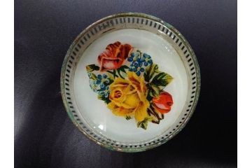 昭和初期　竹　花　落ち着いた佇まいのガラストレー2点&コースター12点セット(富士山?、薔薇、バラ、風景、硝子、ガラス盆、トレイ、コップ敷き)(R-082890)