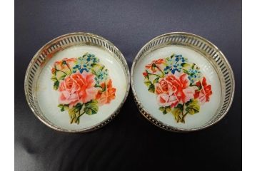 昭和初期　竹　花　落ち着いた佇まいのガラストレー2点&コースター12点セット(富士山?、薔薇、バラ、風景、硝子、ガラス盆、トレイ、コップ敷き)(R-082890)