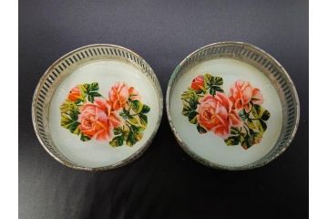 昭和初期　竹　花　落ち着いた佇まいのガラストレー2点&コースター12点セット(富士山?、薔薇、バラ、風景、硝子、ガラス盆、トレイ、コップ敷き)(R-082890)