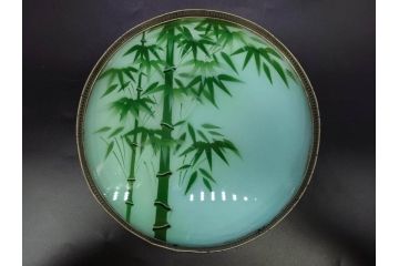 昭和初期　竹　花　落ち着いた佇まいのガラストレー2点&コースター12点セット(富士山?、薔薇、バラ、風景、硝子、ガラス盆、トレイ、コップ敷き)(R-082890)