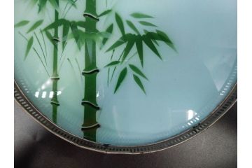 昭和初期　竹　花　落ち着いた佇まいのガラストレー2点&コースター12点セット(富士山?、薔薇、バラ、風景、硝子、ガラス盆、トレイ、コップ敷き)(R-082890)