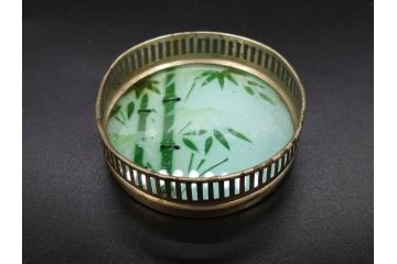 昭和初期　竹　花　落ち着いた佇まいのガラストレー2点&コースター12点セット(富士山?、薔薇、バラ、風景、硝子、ガラス盆、トレイ、コップ敷き)(R-082890)