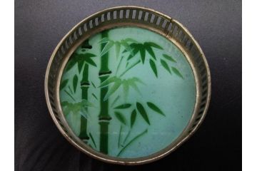 昭和初期　竹　花　落ち着いた佇まいのガラストレー2点&コースター12点セット(富士山?、薔薇、バラ、風景、硝子、ガラス盆、トレイ、コップ敷き)(R-082890)
