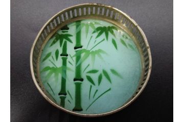 昭和初期　竹　花　落ち着いた佇まいのガラストレー2点&コースター12点セット(富士山?、薔薇、バラ、風景、硝子、ガラス盆、トレイ、コップ敷き)(R-082890)