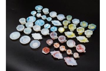 昭和初期　ガラス　マーブル　緻密な造りに目を奪われるミニチュア食器46点セット(コップ、皿、ペロペロ、ままごと、コンポート、カップ、硝子)(R-082894)