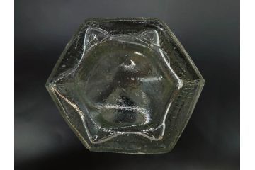 昭和初期　プレスガラス　上品なデザインが魅力のガラス瓶5点セット(バーマカレー、醤油瓶、調味料入れ、硝子)(R-082897)
