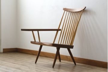 和製ヴィンテージ　ジョージナカシマ　桜製作所　LOUNGE ARM(ラウンジアーム)　One Arm(ワンアーム、片肘)　CN103　モダンに洗練された右アーム付きラウンジチェア(ジョージ・ナカシマ、アームチェア、イス、椅子、板座チェア、ビンテージ)(R-082906)