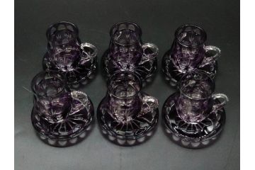 大正〜昭和初期　切子　色被せ　紫　ガラス　深みのある色合いが美しく輝くミニカップ&ソーサー6客セット(デミタス、エスプレッソ、C&S、碗皿、硝子、和ガラス、ケース付)(R-082918)