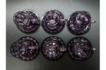 大正〜昭和初期　切子　色被せ　紫　ガラス　深みのある色合いが美しく輝くミニカップ&ソーサー6客セット(デミタス、エスプレッソ、C&S、碗皿、硝子、和ガラス、ケース付)(R-082918)