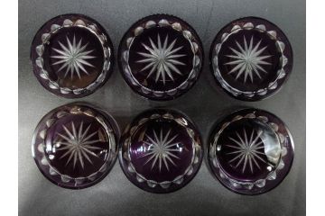 大正〜昭和初期　切子　色被せ　紫　ガラス　深みのある色合いが美しく輝くミニカップ&ソーサー6客セット(デミタス、エスプレッソ、C&S、碗皿、硝子、和ガラス、ケース付)(R-082918)