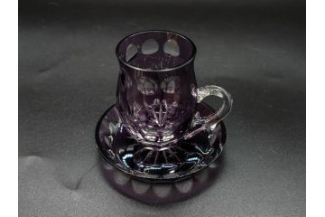 大正〜昭和初期　切子　色被せ　紫　ガラス　深みのある色合いが美しく輝くミニカップ&ソーサー6客セット(デミタス、エスプレッソ、C&S、碗皿、硝子、和ガラス、ケース付)(R-082918)