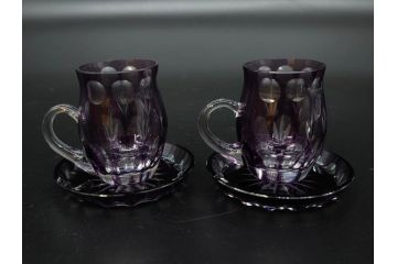 大正〜昭和初期　切子　色被せ　紫　ガラス　深みのある色合いが美しく輝くミニカップ&ソーサー6客セット(デミタス、エスプレッソ、C&S、碗皿、硝子、和ガラス、ケース付)(R-082918)