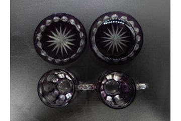 大正〜昭和初期　切子　色被せ　紫　ガラス　深みのある色合いが美しく輝くミニカップ&ソーサー6客セット(デミタス、エスプレッソ、C&S、碗皿、硝子、和ガラス、ケース付)(R-082918)
