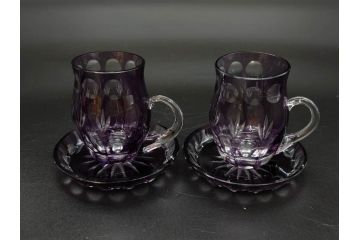 大正〜昭和初期　切子　色被せ　紫　ガラス　深みのある色合いが美しく輝くミニカップ&ソーサー6客セット(デミタス、エスプレッソ、C&S、碗皿、硝子、和ガラス、ケース付)(R-082918)