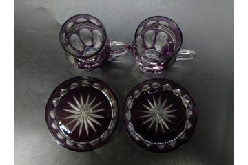 大正〜昭和初期　切子　色被せ　紫　ガラス　深みのある色合いが美しく輝くミニカップ&ソーサー6客セット(デミタス、エスプレッソ、C&S、碗皿、硝子、和ガラス、ケース付)(R-082918)