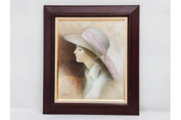 真作　中原脩　「帽子の女」　F8(8号)　絵画(油彩、油絵、人物画、美人画、サイン入り、額装、外箱付)(R-082921)
