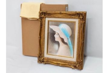 真作　中原脩　「帽子の女　青いリボン」　F3(3号)　絵画(油彩、油絵、人物画、美人画、サイン入り、額装、外箱付)(R-082922)