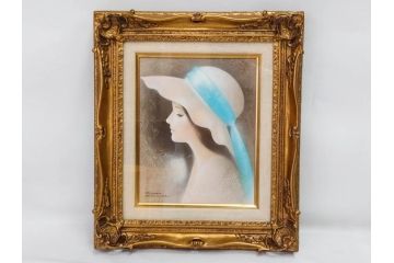 真作　中原脩　「帽子の女　青いリボン」　F3(3号)　絵画(油彩、油絵、人物画、美人画、サイン入り、額装、外箱付)(R-082922)