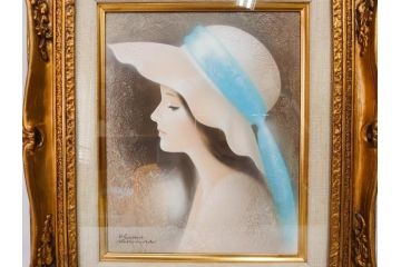 真作　中原脩　「帽子の女　青いリボン」　F3(3号)　絵画(油彩、油絵、人物画、美人画、サイン入り、額装、外箱付)(R-082922)