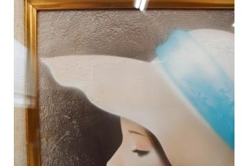 真作　中原脩　「帽子の女　青いリボン」　F3(3号)　絵画(油彩、油絵、人物画、美人画、サイン入り、額装、外箱付)(R-082922)