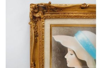 真作　中原脩　「帽子の女　青いリボン」　F3(3号)　絵画(油彩、油絵、人物画、美人画、サイン入り、額装、外箱付)(R-082922)