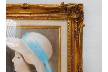 真作　中原脩　「帽子の女　青いリボン」　F3(3号)　絵画(油彩、油絵、人物画、美人画、サイン入り、額装、外箱付)(R-082922)