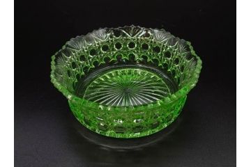戦前　当時物　ウランガラス　プレスガラス　インクボトル　上品な雰囲気のガラス小物5点セット(ソルト、ペッパー、調味料入れ、インク壷、小物入れ、鉢、小皿、深皿、硝子、和ガラス)(R-082929)
