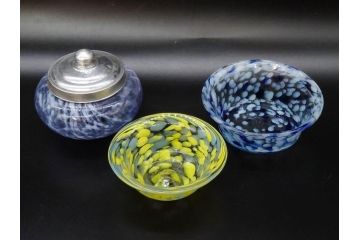 当時物　マーブルガラス　どこか懐かしい風合いが魅力のキャンディーポット&鉢2点セット(吹雪、吹きガラス、深皿、菓子瓶、小物入れ、和ガラス、硝子)(R-082930)